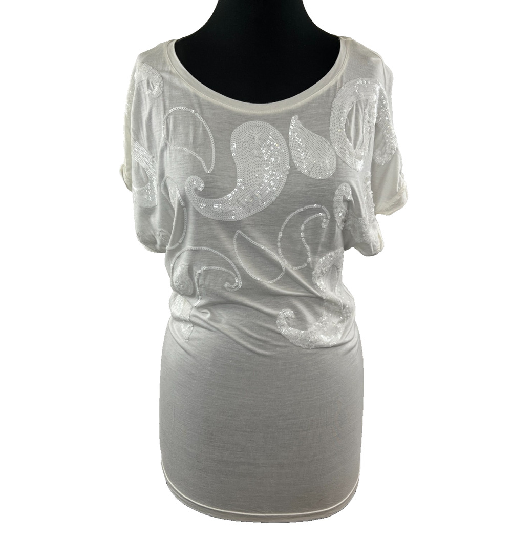 MNG MANGO Collection Paisley Sequin White Tunic Top Detail Size M Medium